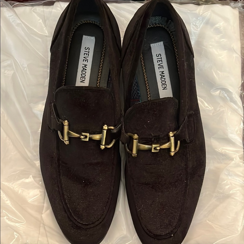 Steve Madden Black Suede Loafers with Gold Horsebit